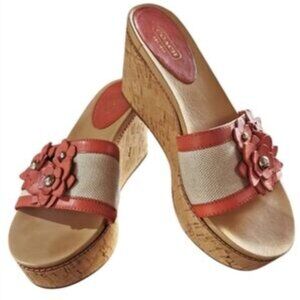 COACH Jesaca Canvas/Vachet Floral Leather Cork Wedges Sandals Sz 6.5